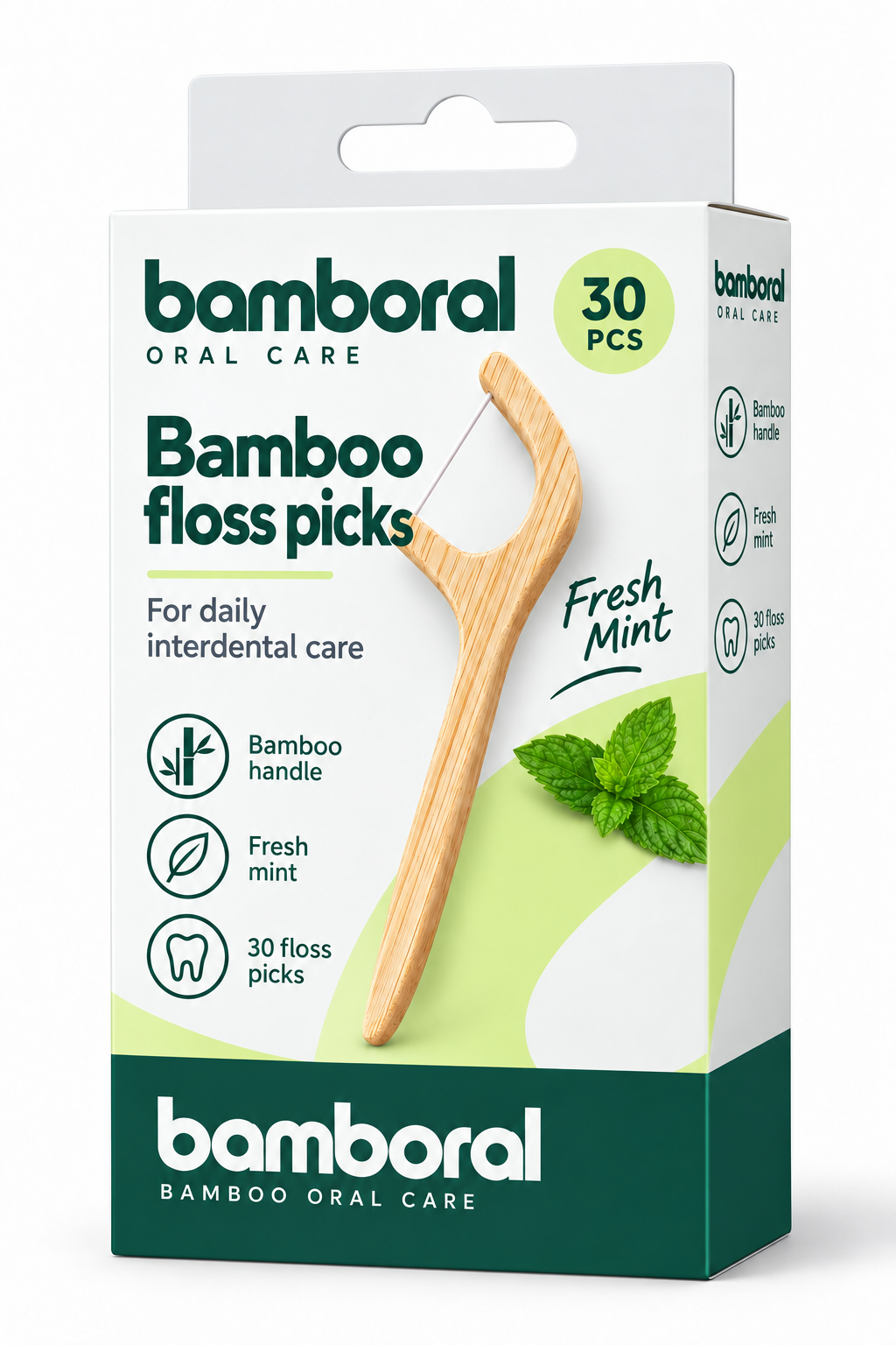 Bamboral doosje met 30 bamboe combi flossers, Fresh Mint